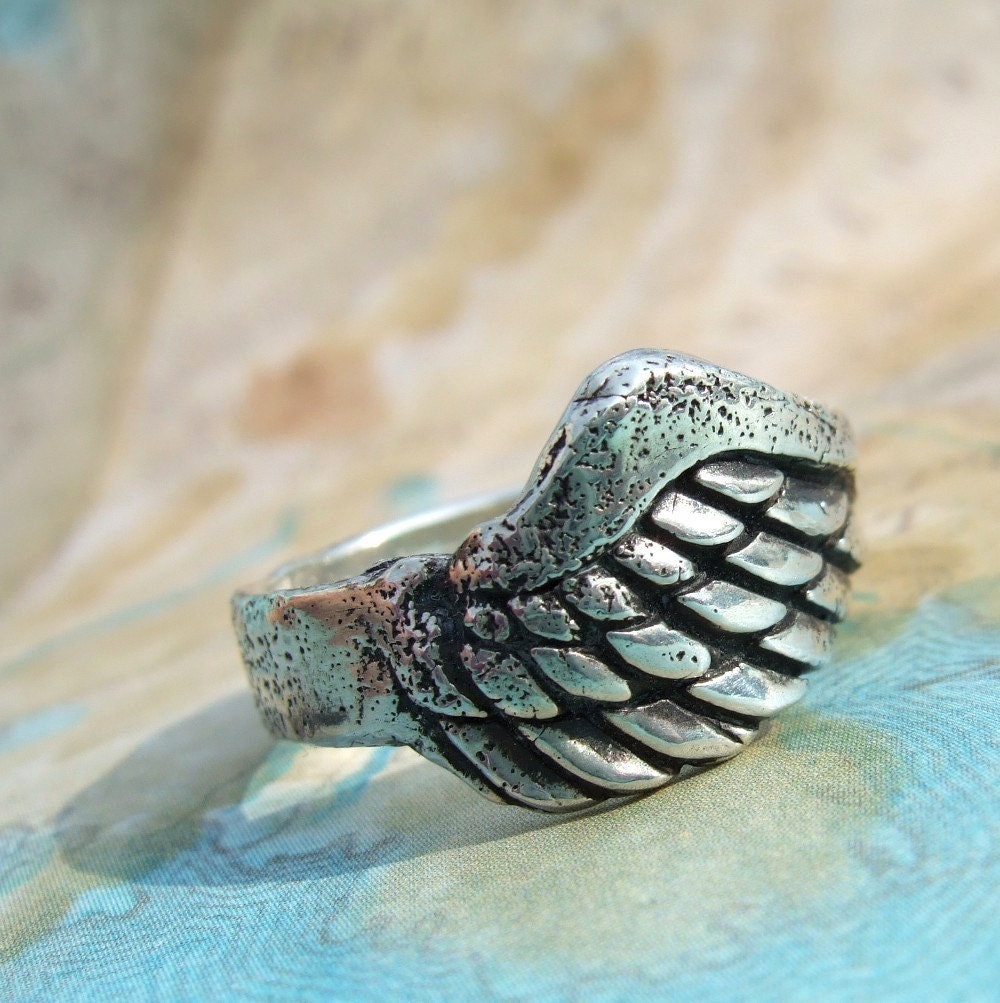 Rustic Gift for Him, Angel Wing Ring, Eco Friendly Jewelry, Recycled Silver Mans Ring, Custom Sizes 4 5 6 7 8 9 10 11 12 13 14 15