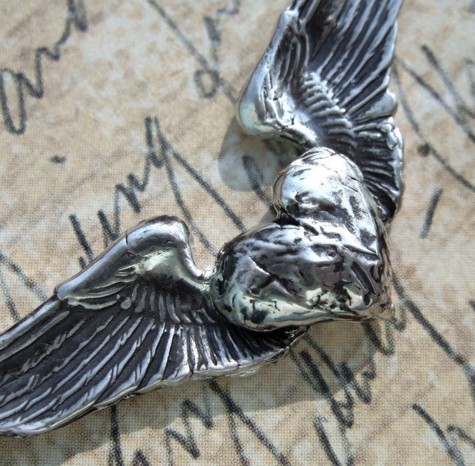 Hand Made Jewelry, Custom Artisan Necklace, Heart Motif, Rustic Wings Choker, Recycled Fine Silver and Sterling Silver Necklace