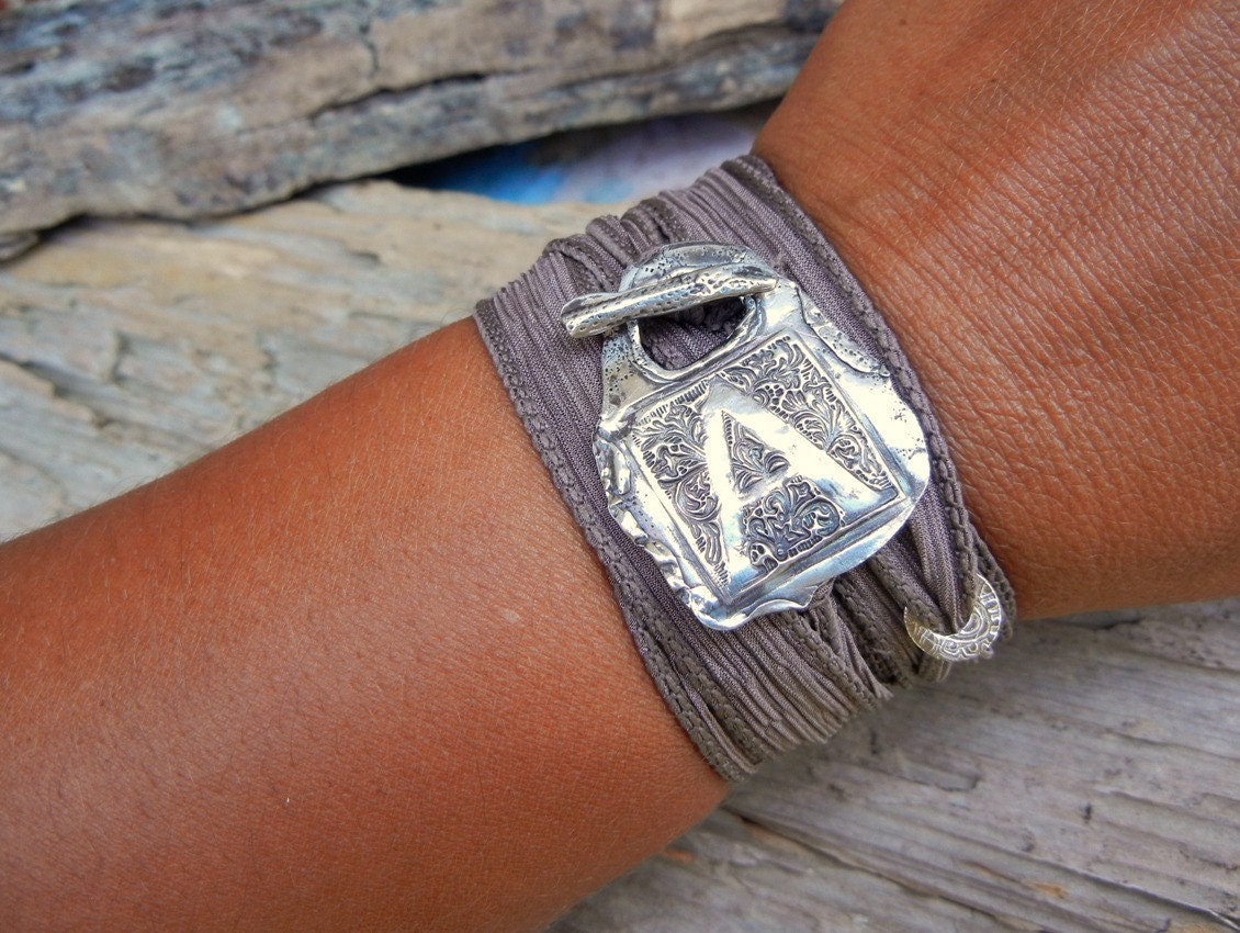 Capital Monogram Initial Jewelry, Silk Ribbon Bracelet, Yoga Fashion Wrist Wrap with Fine Silver Toggle, Custom Vintage Style Letter Jewelry