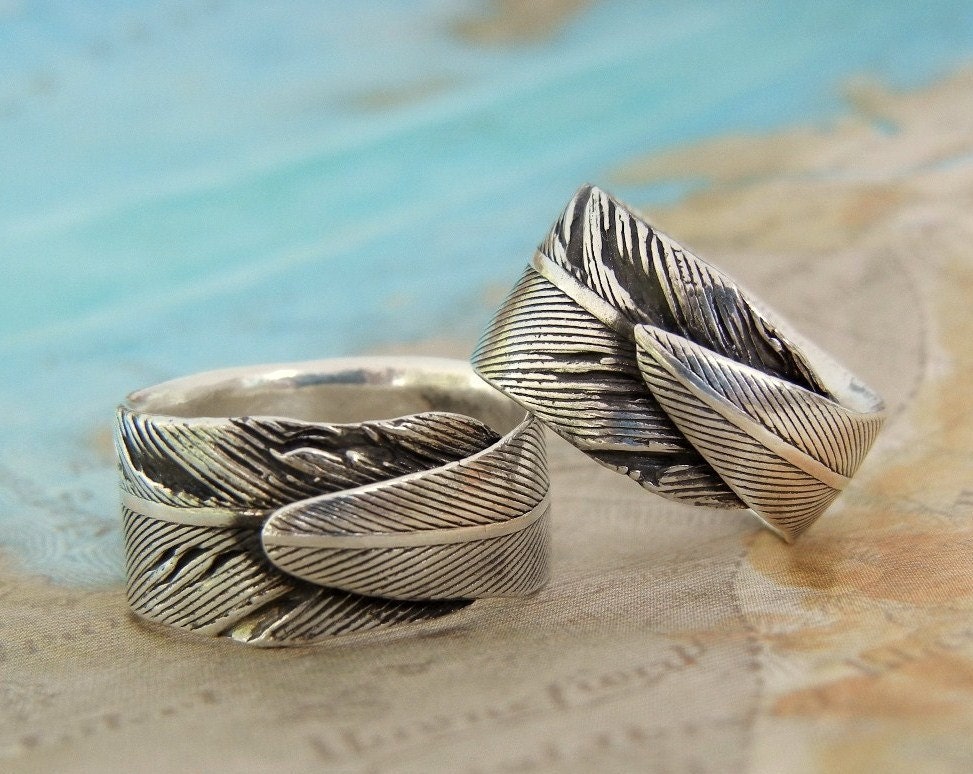 Custom Wedding Rings, His and Her Matching Pair of Rings, Feather Jewelry, Eco Friendly Recycled Silver, Size 4 5 6 7 8 9 10 11 12 13 14 15