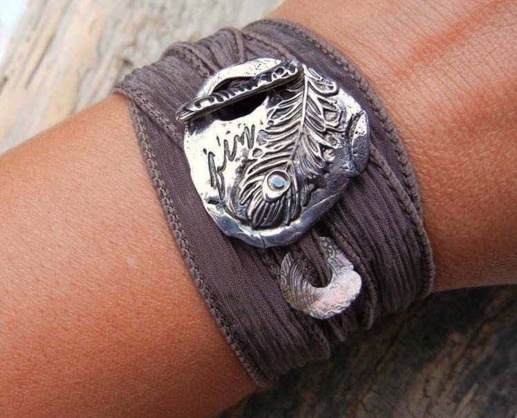 Lucky Peacock Feather Jewelry, Silk Ribbon Bracelet, Artisan STERLING Silver Toggle Clasp, Yoga Jewelry, Pretty Jewelry Gift for Her