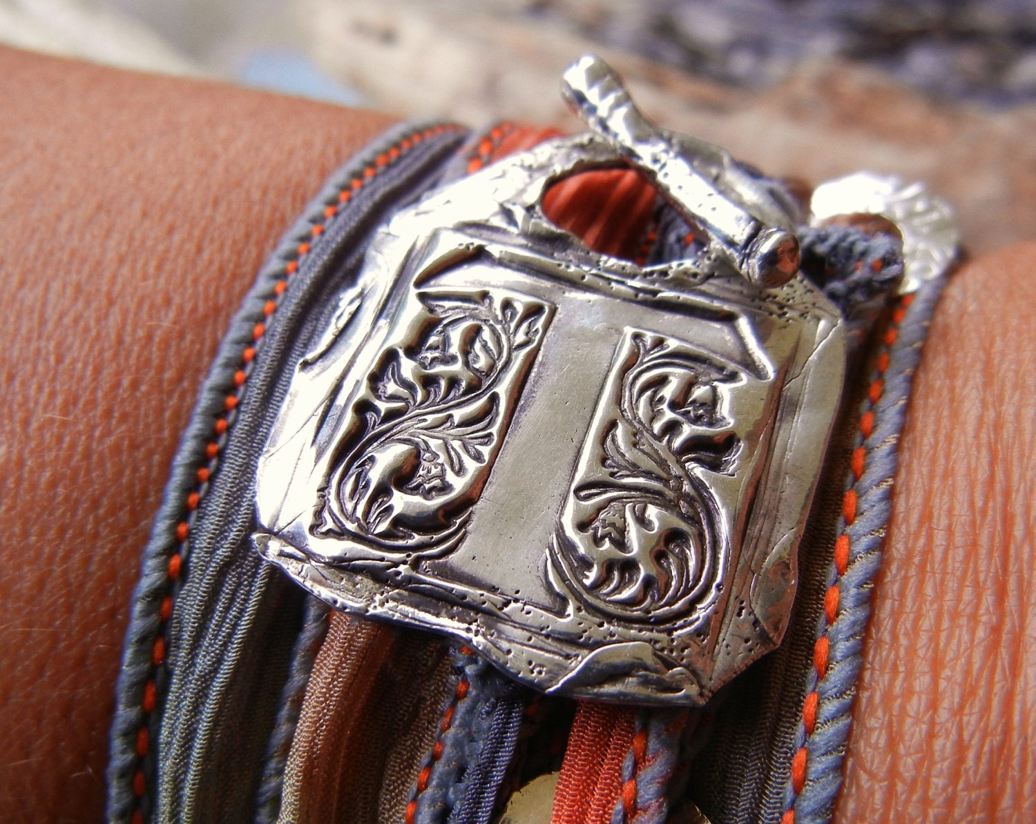 Wax Seal Jewelry, Silver Wax Seal Monogram Bracelet, Hand Stamped Initials, Custom Bracelet, Alphabet Jewelry, Silk Wrap Bracelet, Sunset