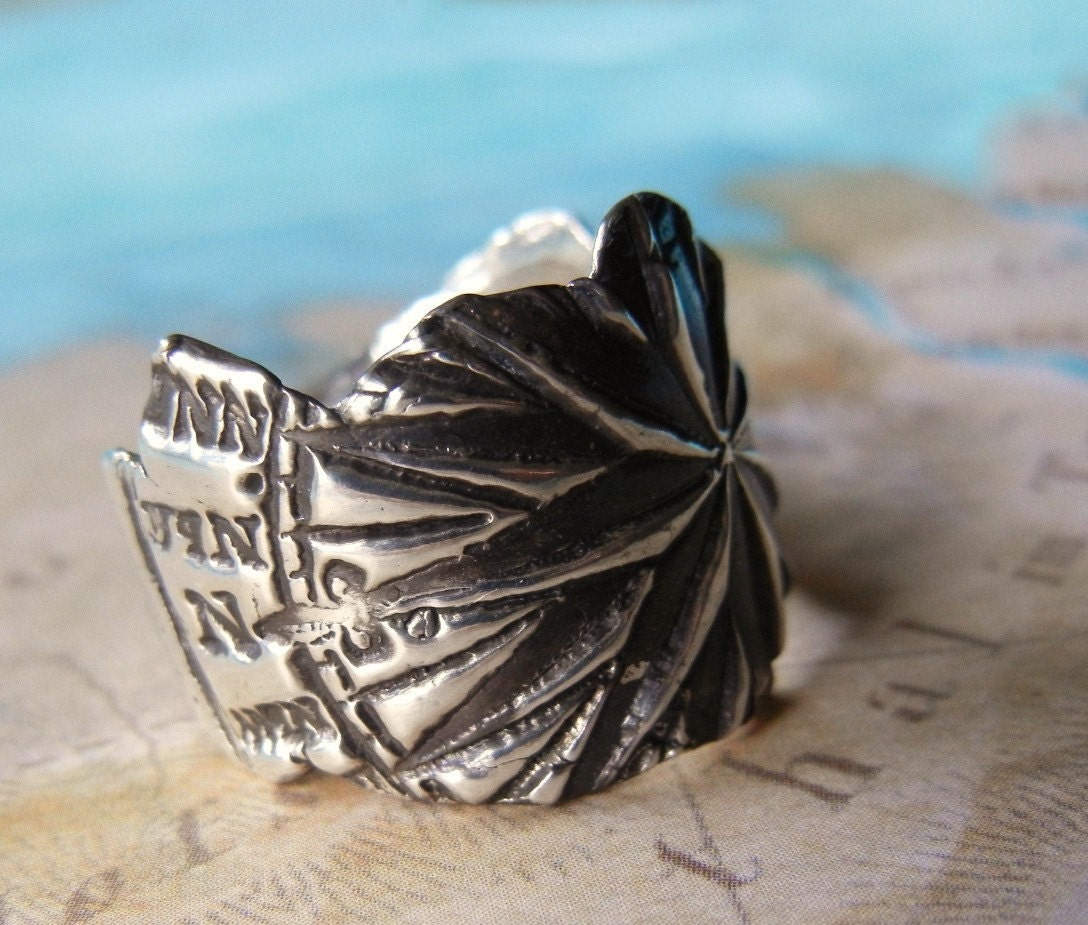 Mans Ring, Mens Jewelry, Fine Silver Compass Ring, Rustic Band, Rugged Thick Ring Gift for Him, SIzes 4 5 6 7 8 9 10 11 12 13 14 15