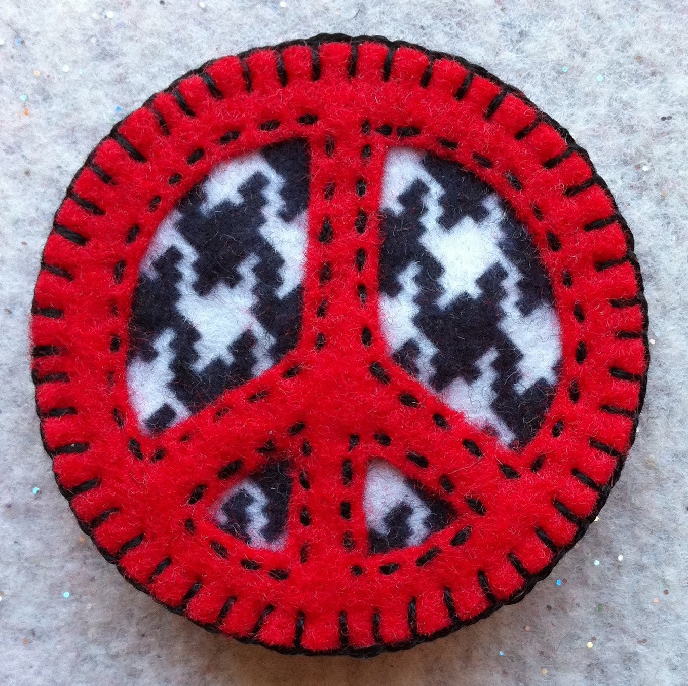 SALE Peace sign pin brooch in red and black and white houndstooth felt
