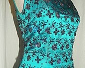 RESERVED 1950's Teal Jeweled Hattie Carnegie  Beaded Satin Wiggle Dress Vintage 50's Sequin Butterflies Couture Bombshell Cocktail Dress