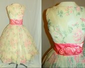 1950's PINK ROSE Print Chiffon Satin Party Dress Vintage 50's Couture Garden Roses Mad Men Wedding Formal Cupcake Cocktail Dress