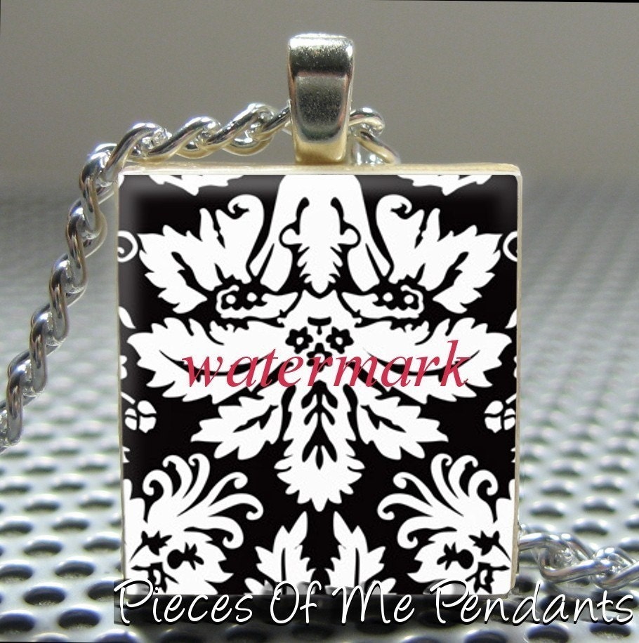 Pendant DAMASK (white and black) - Necklace Charm handmade with Scrabble Wood Tile ... Jewelry Art by Pieces Of Me Pendants