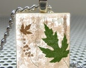 Pendant AUTUMN LEAVES - Necklace Charm handmade with Scrabble Wood Tile ... Jewelry Art by Pieces Of Me Pendants