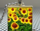 Pendant SUNFLOWERS - Necklace Charm handmade with Scrabble Wood Tile ... Jewelry Art by Pieces Of Me Pendants
