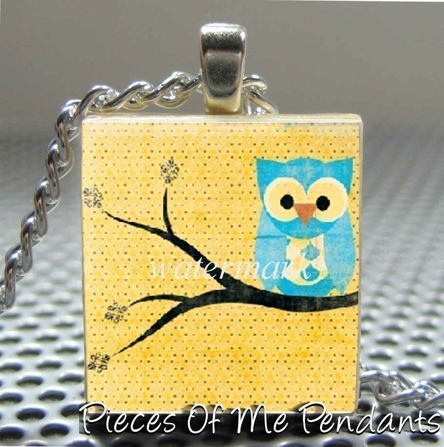 Pendant BLUE OWL - Necklace Charm handmade with Scrabble Wood Tile ... Jewelry Art by Pieces Of Me Pendants
