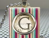 Pendant TYPEWRITER KEY INITIALS - striped - Necklace Charm handmade with Scrabble Wood Tile ... Jewelry Art by Pieces Of Me Pendants