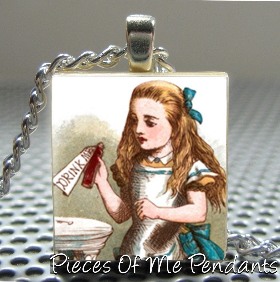 Pendant ALICE IN WONDERLAND - Necklace Charm handmade with Scrabble Wood Tile ... Jewelry Art by Pieces Of Me Pendants