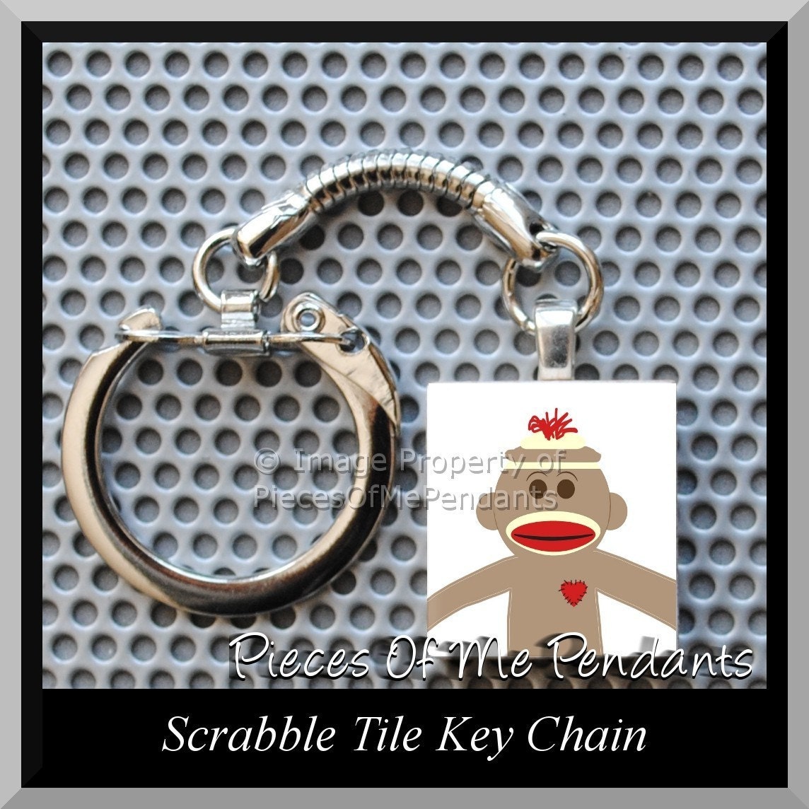Keychain SOCK MONKEY - Scrabble tile Key Chain or Choose Any Design from my Shop ... handmade by Pieces Of Me Pendants
