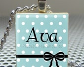 Pendant YOUR NAME  - Black Bow Polka Dot Blue - Necklace Charm handmade with Scrabble Wood Tile ... Jewelry Art by Pieces Of Me Pendants