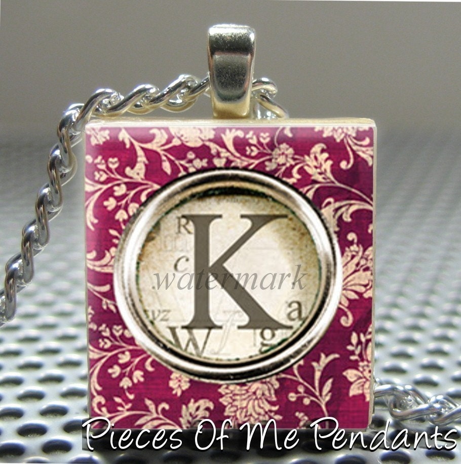 Pendant TYPEWRITER KEY Initials  - DAMASK - Necklace Charm handmade with Scrabble Wood Tile ... Jewelry Art by Pieces Of Me Pendants