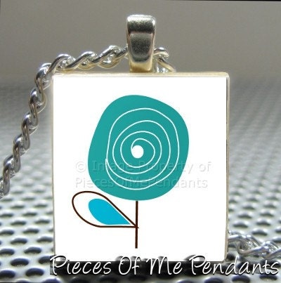 Pendant BLUE RETRO FLOWER - Necklace Charm handmade with Scrabble Wood Tile ... Jewelry Art by Pieces Of Me Pendants