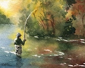 FLY FISHING / Perfect Drift Watercolor Signed Fine Art Print by Artist DJ Rogers
