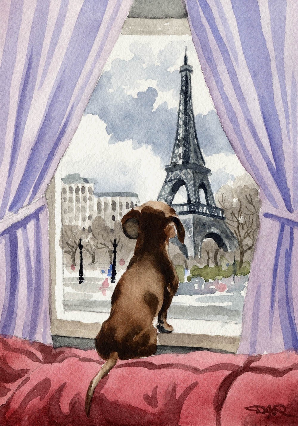 DACHSHUND IN PARIS Dog Signed Art Print by Artist D J Rogers