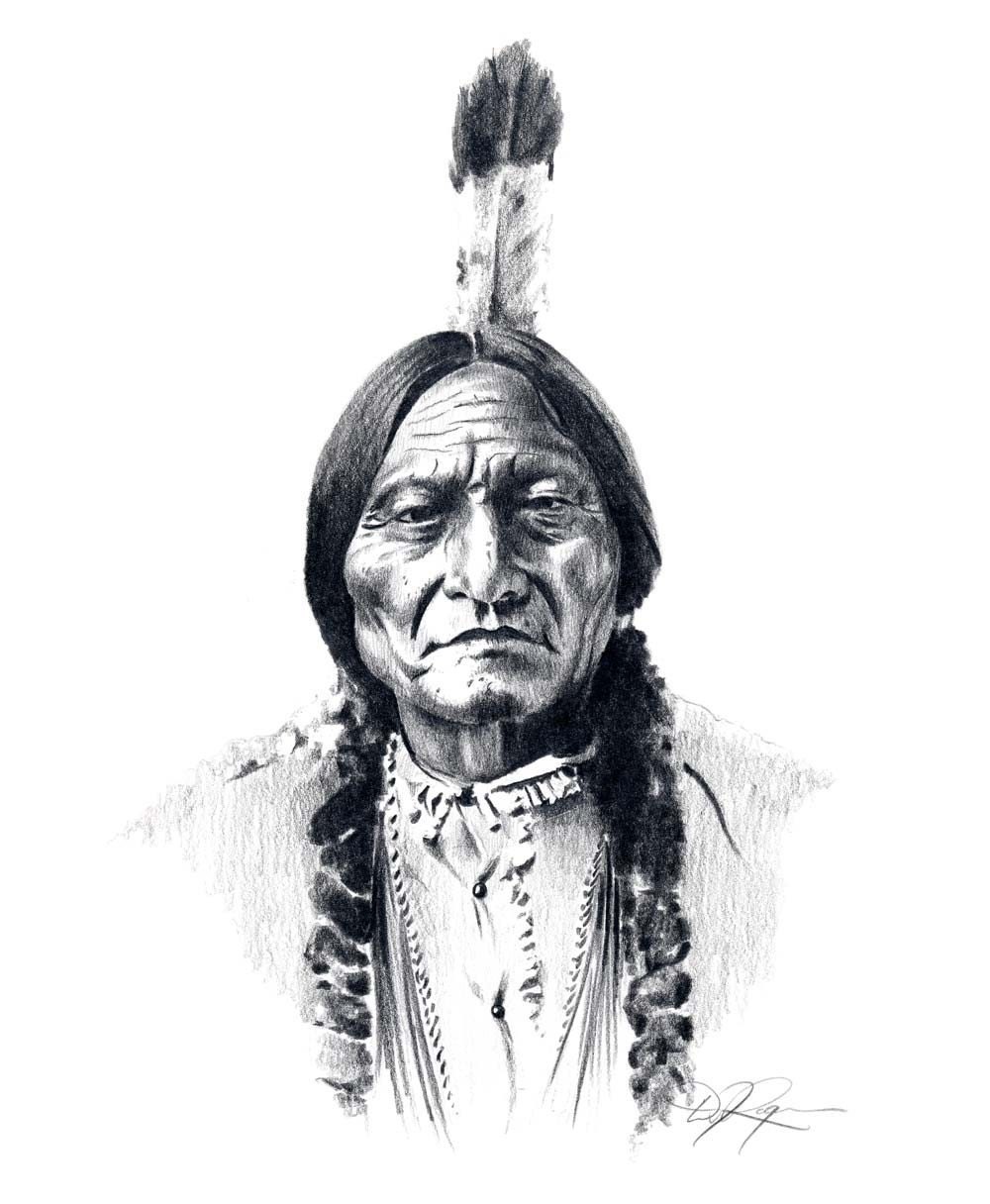Chief SITTING BULL Pencil Drawing American Indian Art Print Signed by Artist DJ Rogers