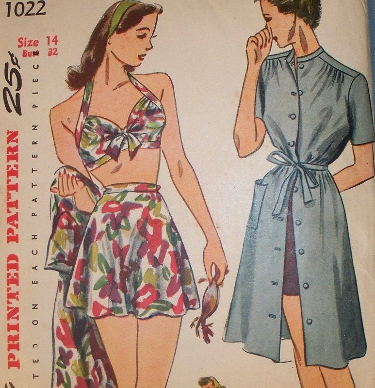 1940s 2 piece Bathing Suit and Button Front Dress - 32 bust - Simplicity pattern 1002 - swimsuit