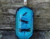 Dragonfly Dichroic Fused Glass Pendant Handmade Jewelry Turquoise Blue