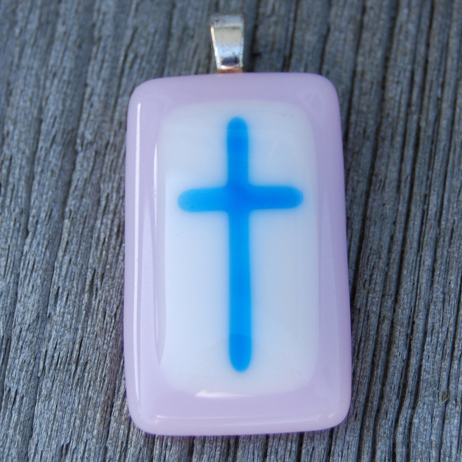 Cross Pendant Fused Glass Pendant - Christian Jewelry Turquoise and Pink