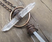 Long Necklace Brass Chain Clear Quartz  Wire Wrap Crystal Necklace Rustic Quartz Pendant