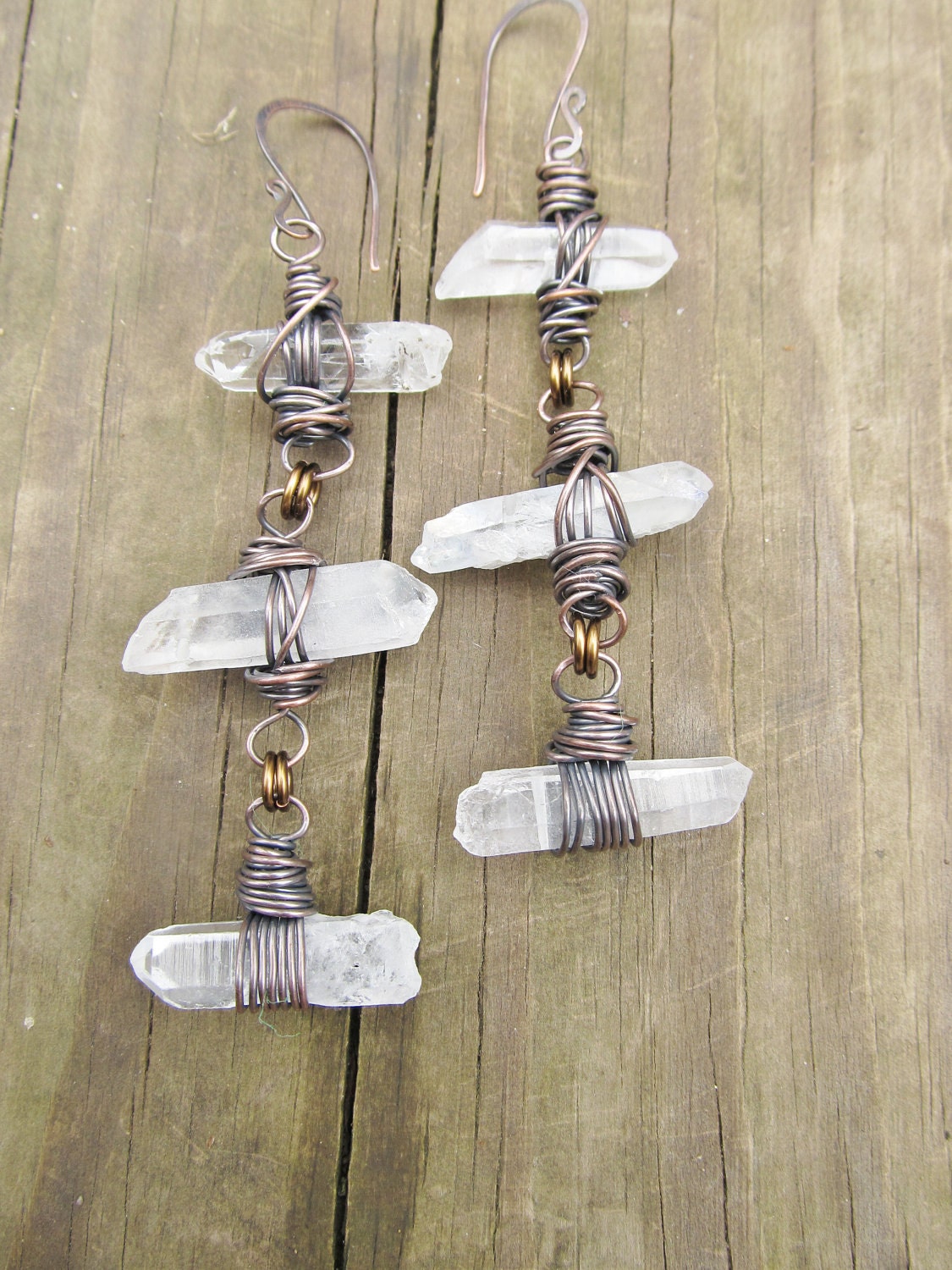 Wire Wrap Earrings Quartz Crystal Point Shoulder Dusters Long Earrings Rustic Jewelry DanielleRoseBean Wire Wrap