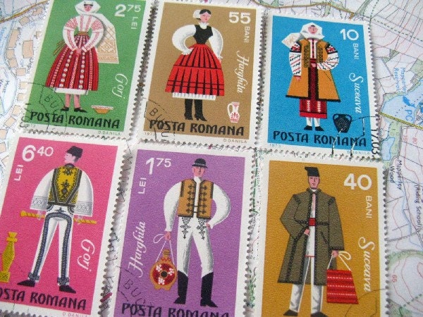 Folk costumes - Romanian folk costume stamp set - vintage stamps - postage stamp ephemera