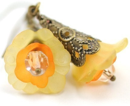 Dangle Earrings Handmade Yellow and Orange Blooming Flower Earrings in Antiqued Brass  Mali Earrings in Yellow and Orange