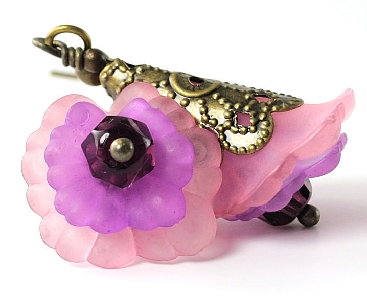Dangle Earrings Flower Earrings . Pink and Purple Blooming Flower Earrings in Antiqued Brass . Mali Earrings in Pink and Purple