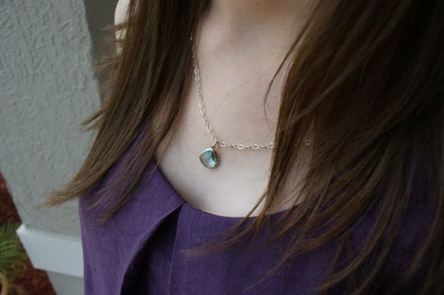 Dainty Silver Necklace, Thin Silver Chain, Light Blue Glass Necklace, Small Pendant