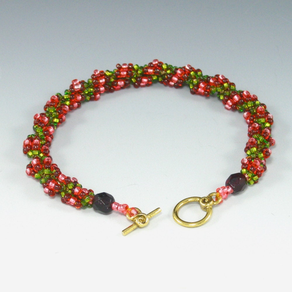Pink and Olive Green Spiral Rope Bracelet, Beadweaving