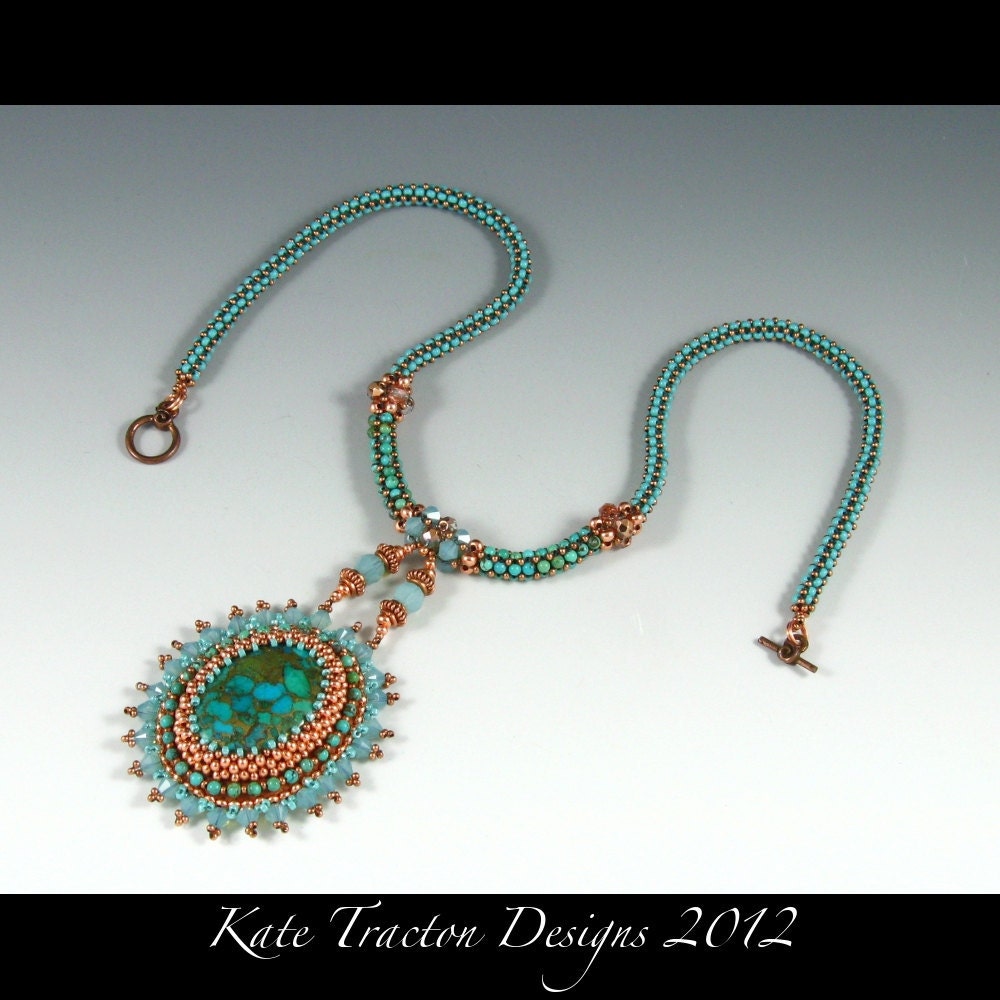 RESERVED Tidepool Pendant, Bead Embroidery Necklace, Turquoise, Copper