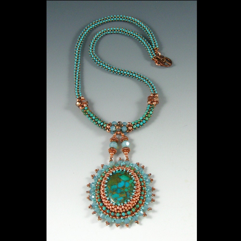 RESERVED Tidepool Pendant, Bead Embroidery Necklace, Turquoise, Copper