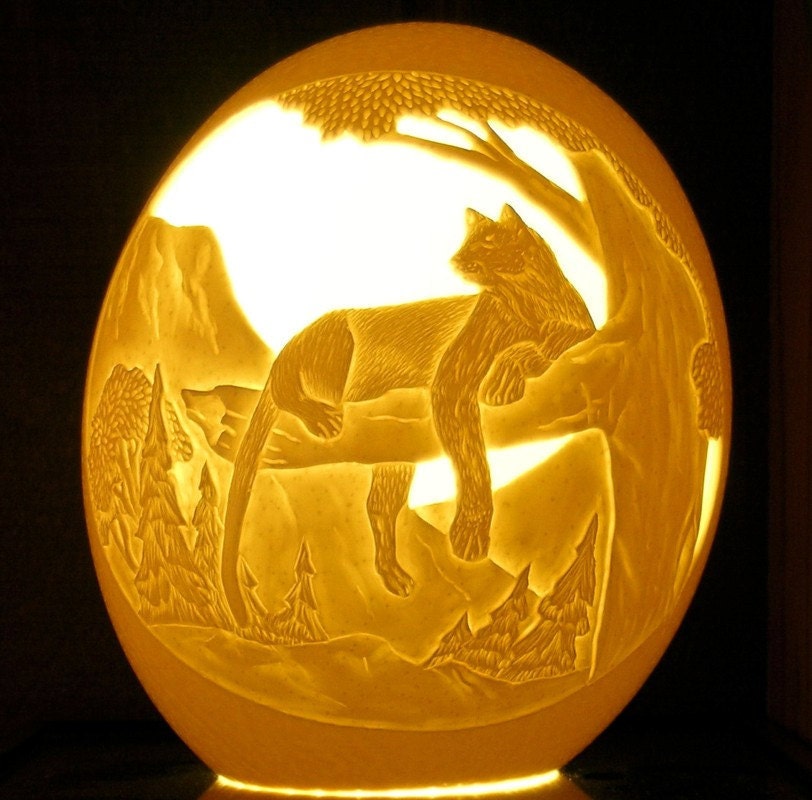 Carved and Sculpted Ostrich Egg Shell, Mountain Lion Resting
