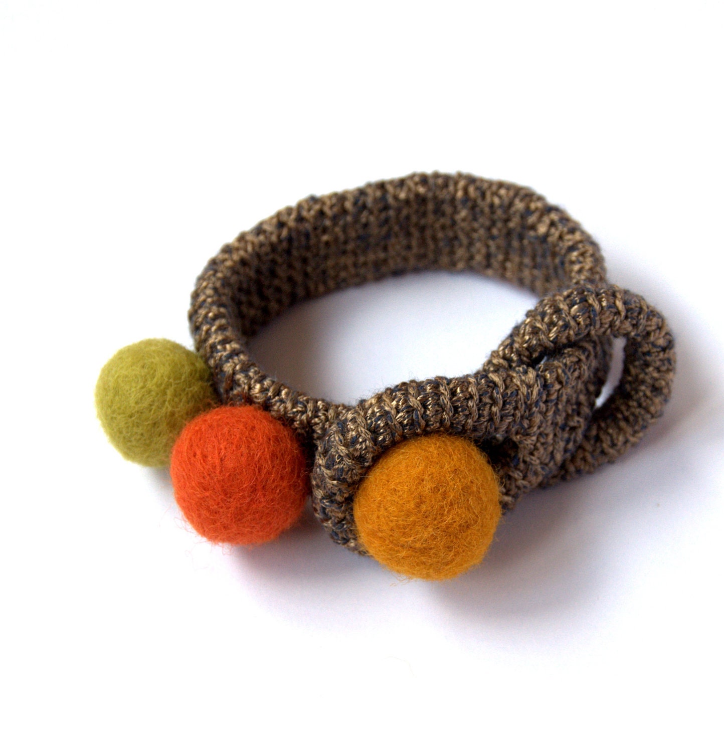 Golden brown olive orange bracelet -crochet and felted wool -handmade Birthday summer autumn gift for her Mom Mum - astash