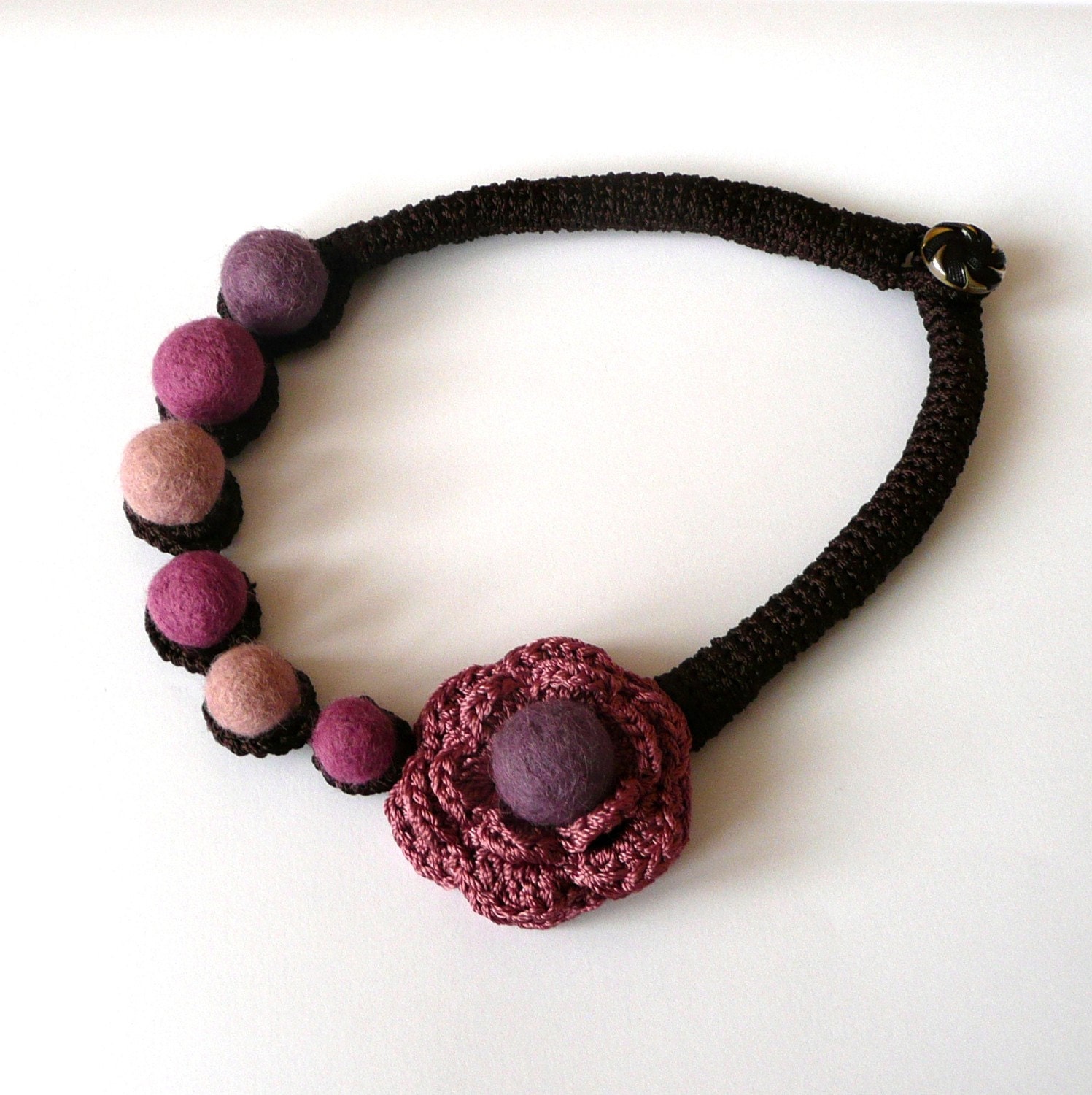 Purple pink brown necklace with flower - crochet and felted wool- handmade Birthday summer autumn custom color gift for her Mom Mum