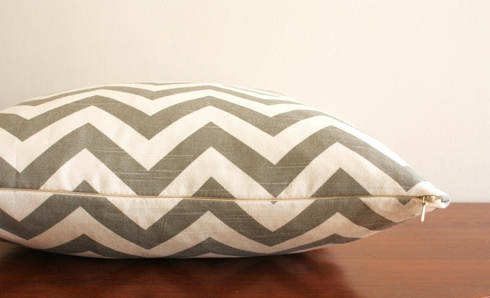 Custom made Zig Zag throw pillow 18 x 18 with down insert, grey and white