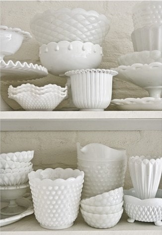 Pair of vintage milk glass candy dish, bowl