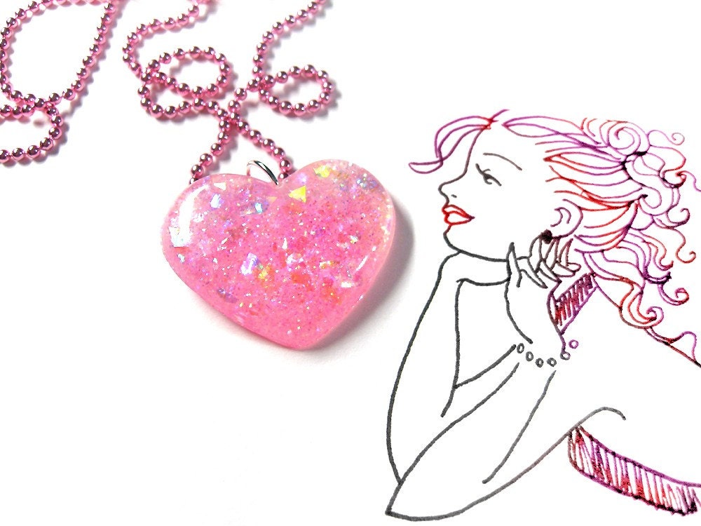 Promises of Spring... a blushing heart pendant necklace... with an illuminating glittery sparkle... by isewcute