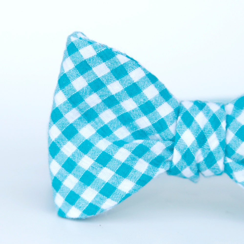 aqua gingham freestyle bow tie