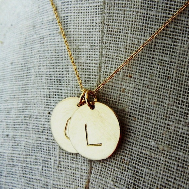 Gold Initial Necklace, Two Letter Charms, Hand Stamped Personalized, Custom Necklace DOT DUO by E. Ria Designs