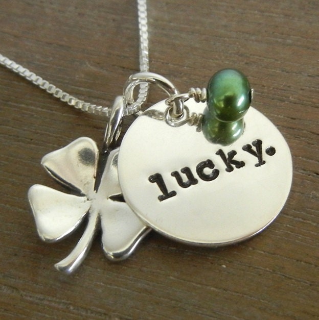 Lucky Charms, Shamrock/ Four-Leaf Clover Hand Stamped Sterling Silver Green Pearl Necklace LUCKY YOU by E. Ria Designs - ERiaDesigns