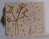 purse hand embroidered linen pouch coin purse fall tree forest autumn colors