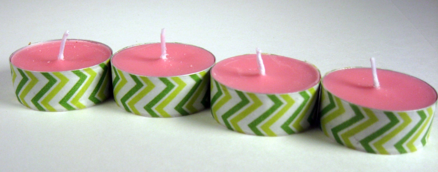 Tea Light Candles, Watermelon Scented, soy wax, 4 pack, decorated, pink and green, stripes