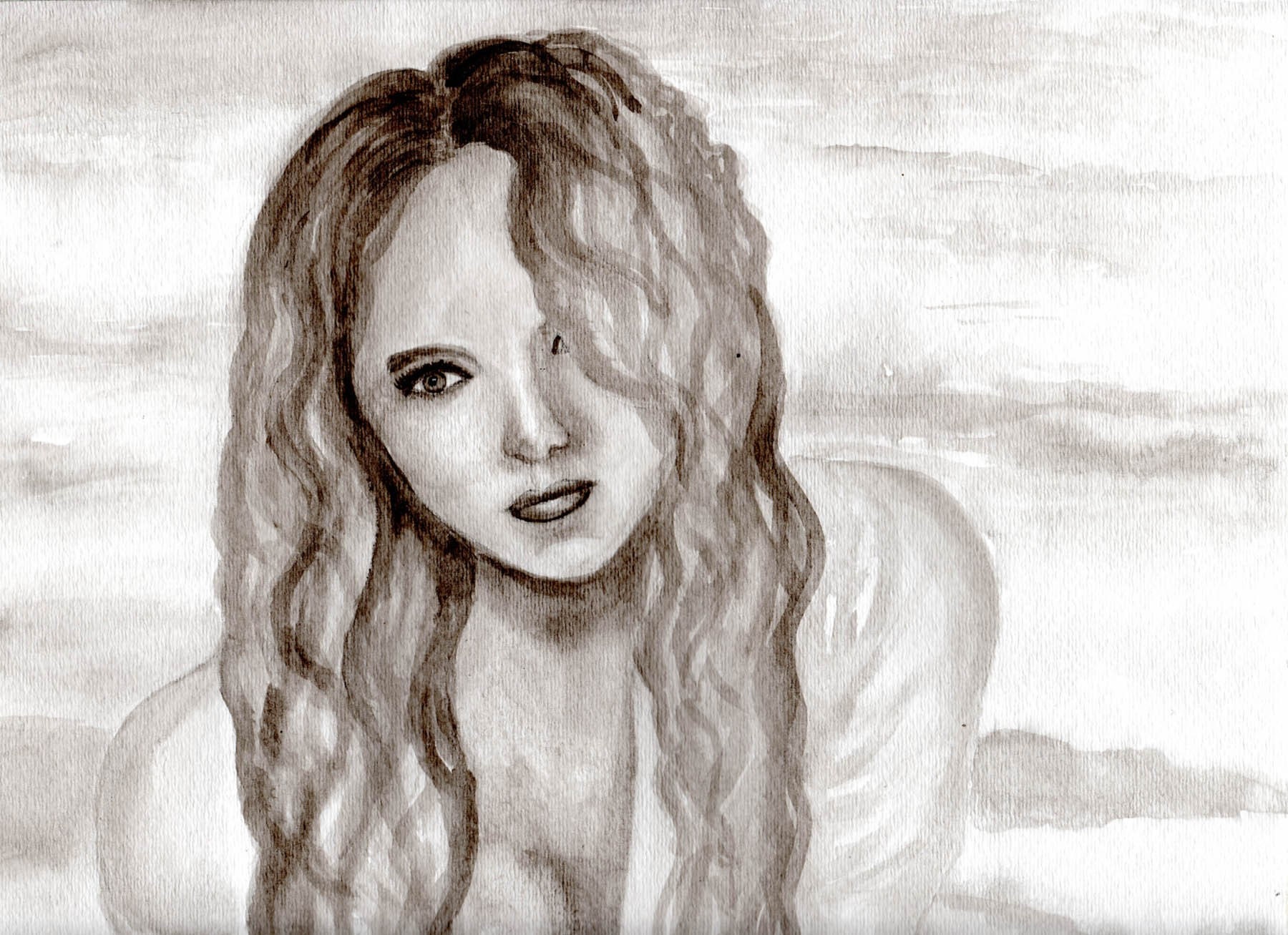 Girl by the Ocean--original India ink drawing