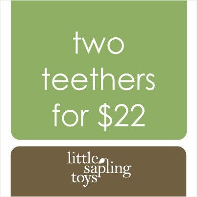 two wooden teethers, your choice of any 2 baby toys