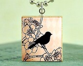 Scrabble Tile Art Pendant - VINTAGE BIRD SEPIA - Scrabble Jewelry Charm- Free Silver Ball Chain Necklace