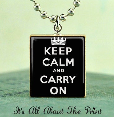 Scrabble Tile Art Pendant -Keep Calm And Carry On (black)- Scrabble Jewelry Charm- Free Silver Ball Chain Necklace